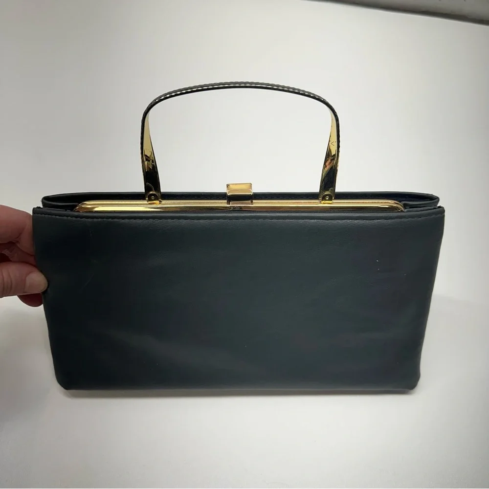 Vintage Ande Grey Faux Leather Gold Accent Evening Clutch Purse Retro Handle
